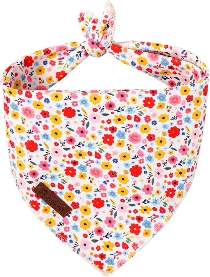 Floral Dog Bandana, UP URARA PUP Flowers Triangle Bid Scarf for Medium Large Dogs, Cotton Kerchief for Girl Boy Puppies, Cute Spring Blossom Bandana,L