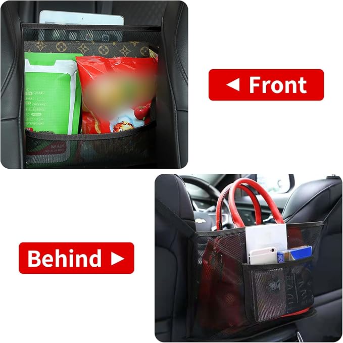 Car Net Pocket Handbag Holder Between Seats Universal Seat Back Storage Mesh Bag for Phone Purse and Smaller Items Barrier of Pet Kids, Black