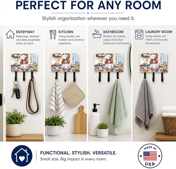 Caroline's Treasures Cavalier Spaniel The Chef Leash or Key Holder Wall Hooks, Key Hooks Holder, Coat Rack Wall Mount, Coat Hooks, Hooks for Hanging Keys, Towels, Aprons, Leashes | Cavalier Spaniel The Chef artwork on ceramic tile with three steel hook...