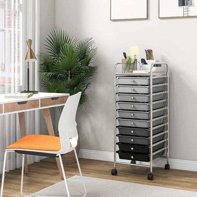 10 Drawer Rolling Storage Cart, Organization Cart with Drawers for Craft Makeup Paper Tool Art Supply, Versatile Utility Cart on Wheels for Home Office Classroom School (Gradient Gray)
