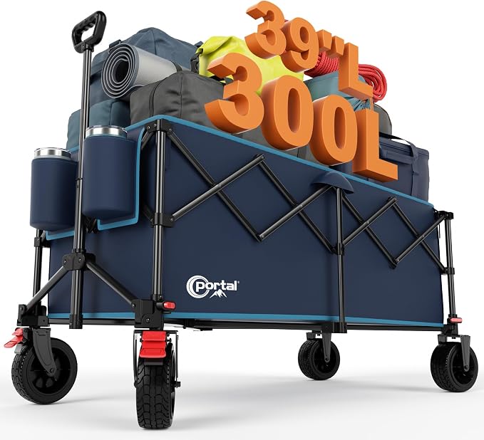 Portal Ultra Compact Folding Wagon Cart with Brakes, 300L Large Cart | Portable Outdoor Design; Durable Construction; Easy Setup & Storage; Color: Blue