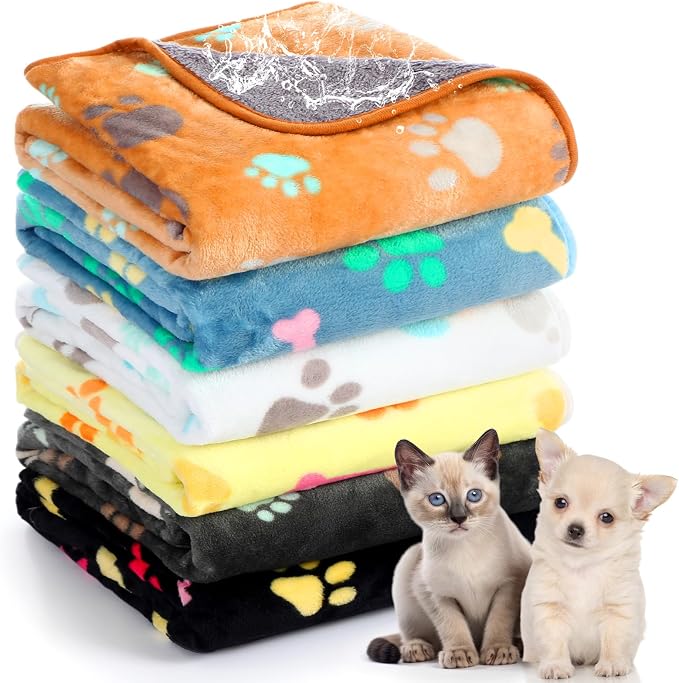 Tegeme 6 Pcs Waterproof Dog Blanket 24 x 16 Inch Paw Print Pet Blanket for Dogs Cats Puppy Washable Soft Fluffy Fleece Rug Flannel Throw Warm Sleep Mat for Kitten Doggy