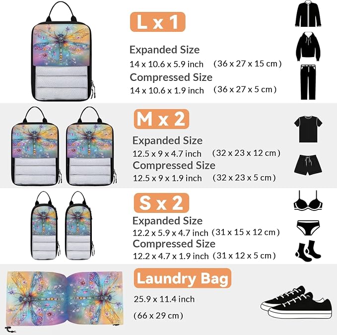 Dragonfly 6 Set Compression Packing Cubes Animals Expandable Packing Organizer for Travel Accessories Luggage Suitcase Bag