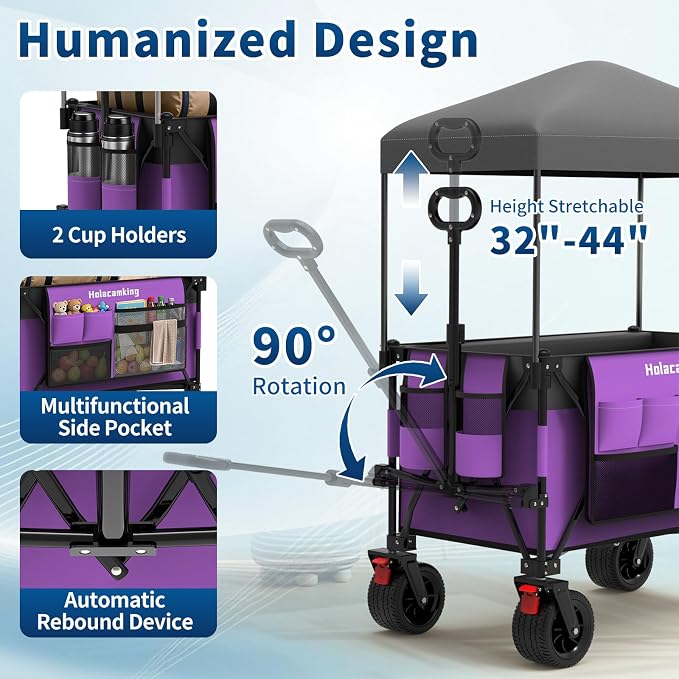 Collapsible Canopy Wagon Cart, Heavy Duty Utility Wagon with Removable Sun Cover, All-Terrain Big Wheels, Dual Brakes, Extra Large Grocery Cart for Beach Camping Sports Tailgates (Purple)