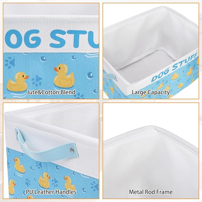 Dog Toy Basket, Collapsible Dog Toy Bin Box with Drawstring Cinch Top &Handles, Pet Food Storage Organizer for Dog Toys, Apparel, Blankets and Leashes, Blue, Yellow Duck, L, 15.3"x13"x12"