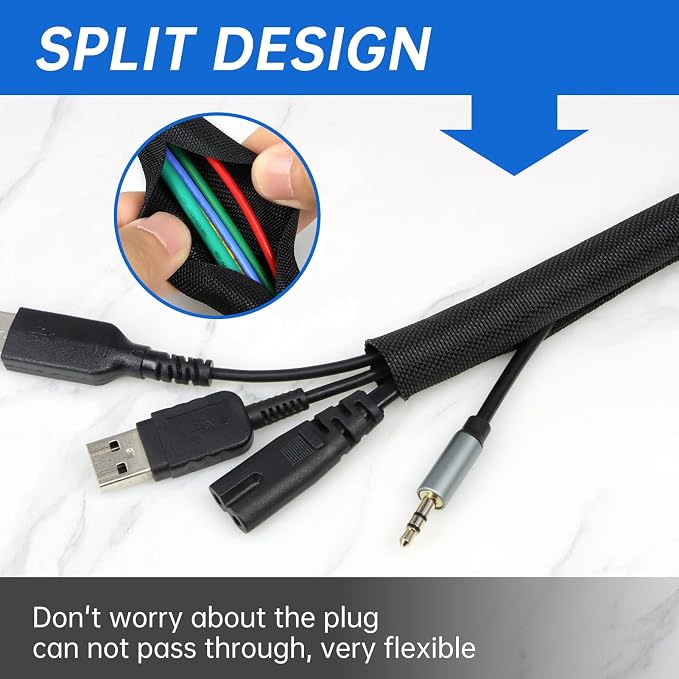 Split Braided Cable Sleeve，Flexible Wire Loom Tubing, Automotive Cord Protector Pet Proof, Cable Management for Computer TV Electric Wires Harness 16ft (Black, 32mm（1-1/4")