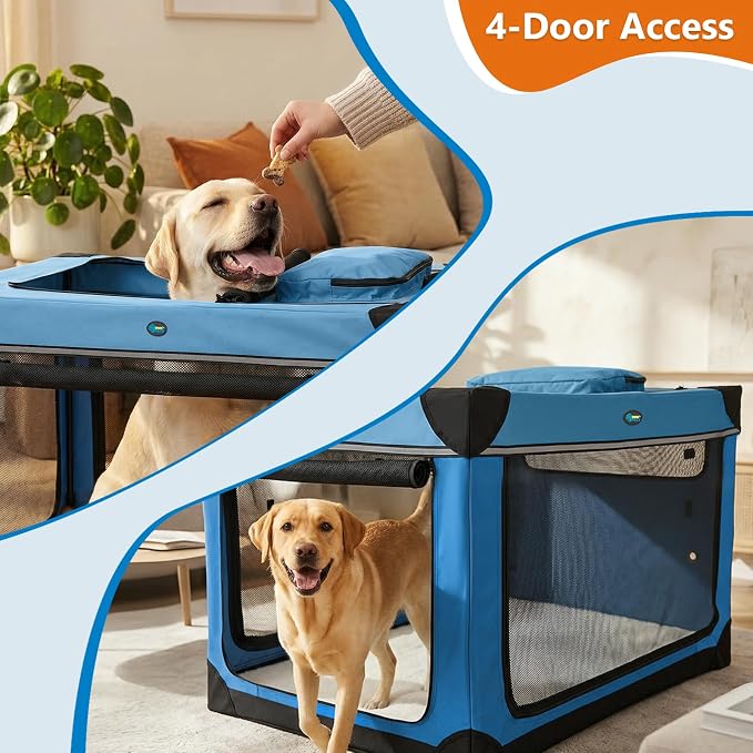 Ownpets Collapsible Dog Crate, 42 inch Portable Travel Dog Crate for Large Dogs, 4-Door Foldable Pet Kennel with Durable Mesh Windows & Soft Mat, Blue | Foldable, Portable, 4-Doors, 4-Side Mesh Windows, Steel Frame Oxford Cloth, Soft Cushion Mat, Leash...