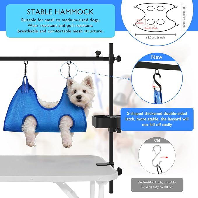 LEIBOU H-Shape Pet Grooming Table Arm with Grooming Hammock Tool Holder Noose and Clamp for Dogs and Cats Heavy Duty Aluminum Alloy Frame with 35.4” Adjustable Height and 36.2” ~ 50” Adjustable Width