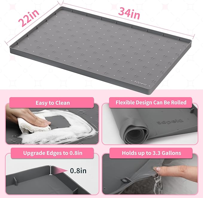 Sdpeia Under Sink Mat 34"×22" Waterproof Silicone Cabinet Liner & Sink Protector for Kitchen & Bathroom, Multi-Purpose Organizers Tray for Pets, Laundry, Cat Litter Mat, Gray