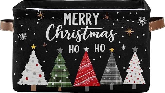 Merry Christmas Tree Black Storage Basket with Waterproof Liner and PU Handles Winter Snowflake Xmas Storage Bins Boxes 14.2" Collapsible Decorative Organizer Baskets for Bedroom Closet Office 1 Pack