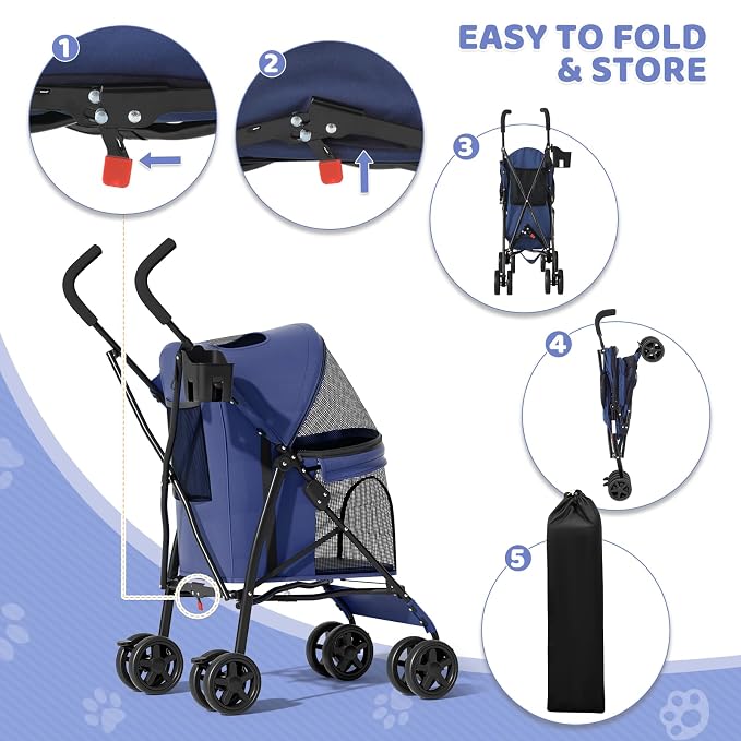 Magshion Compact Fold Pet Travel Stroller for Small Dogs Cats, Navy Blue | Up to 22lbs, 4-Wheel Lightweight Umbrella Shaped Design, Safety Tethers, Breathable Mesh, Cup Holder & Rear Storage