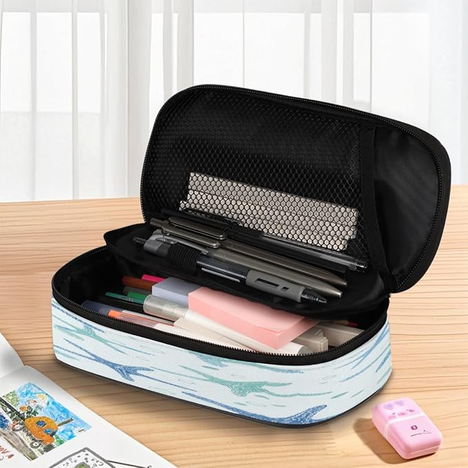 Teal Blue Starfish Pattern Pencil Case Pouch, Big Capacity Waterproof Pen Bag for Students Teens Adults, Large Storage Organizer for Stationery