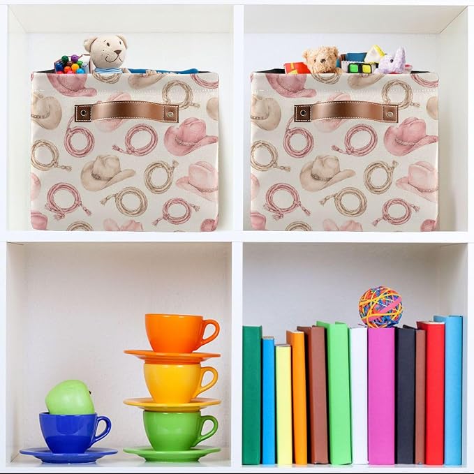 Kigai Storage Basket, Fabric Collapsible Closet Organizer Bin | Western Print Waterproof Foldable Canvas Basket with Handles for Shelves, Nursery, Closet, Bedroom & Bathroom