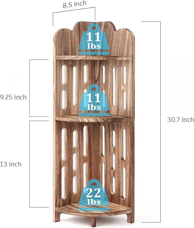 Meangood Bathroom Corner Shelf Stand, 3 Tier Solid Wood Display Shelf for Narrow Space, Shower Corner Shelf, Plant Stand Nightstand, for Living Room, Bedroom, Home Office, Elegant Carbonized Black