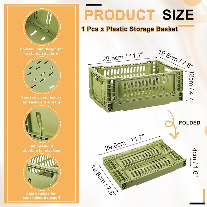 uxcell Collapsible Crates, 11.7x7.8x4.7 Stackable Plastic Storage Baskets with Handle Small Storage Containers for Bedroom Office Classroom Bathroom Desktop Organizer Decor, Olive Green