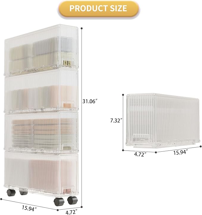 KHNR Slim 4 Pack Closet Storage Organizer with Wheels, Narrow Gap Drawer Shelf, Cabinet for Underwear, Socks, Scarves, T-Shirts Bedroom Essentials, Fits Closet Side or Wardrobe Gap, Clear White
