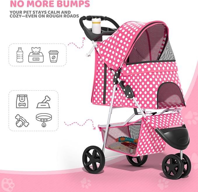 Magshion 3-Wheel Pet Stroller for Small/Medium Dogs & Cats, Up to 33lbs | Foldable Travel Jogger w/ Breathable Mesh Cover, Lightweight Design, Safety Tethers, Cup Holder & Storage Basket