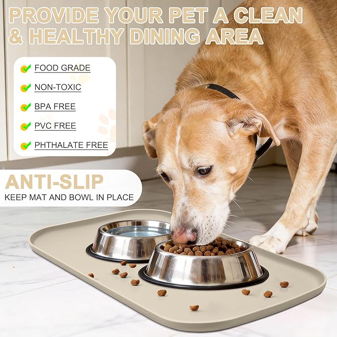 Smilool Silicone Pet Food Mat with Raised Edge for Food and Water Bowl, Dog Feeding Mats, Cat Food Trays for Floor Waterproof, Rubber Tray for Dogs and Cats, 22 x 14 x 0.8 Beige