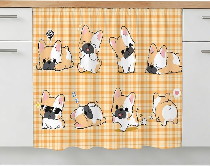 Cute Puppy Oven Skirt Curtain for Kitchen Decor 28"x35", Orange Beige Plaid Modern Funny Dogs Pet Self Adhesive Stove Curtains Skirt Cabinet Curtains for Bathroom Laundry Room