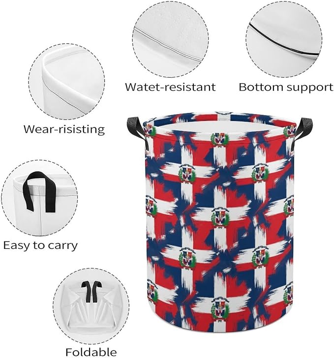 Collapsible Clothes Basket with Handles Dominican Republic Grunge Flag, Large Waterproof Laundry Hamper for Toy, Towel, and Home Organization