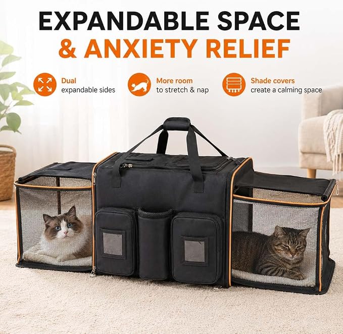 Large Cat Carrier on Wheels for 2 Cats, Double Rolling Pet Carrier with Wheels & Mesh Windows,Foldable Travel Crate for Dogs Cat for Airplane,Travel,Car,Camping