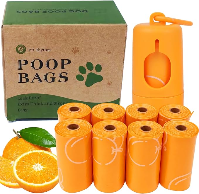 Citrus Scented Dog Poop Bags - 8 Rolls 120 counts Leak Proof | Extra Large 13x9 Inch Orange Dog poop bags rolls with Dispensers, Fragrance Bags for Dogs Walking and Cat Litter