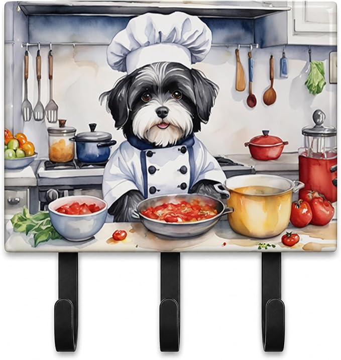 Caroline's Treasures Havanese The Chef Leash or Key Holder Wall Hooks, Key Hooks Holder, Coat Rack Wall Mount, Coat Hooks, Hooks for Hanging Keys, Towels, Aprons, Leashes | Havanese The Chef artwork on ceramic tile with three steel hooks for keys, leas...