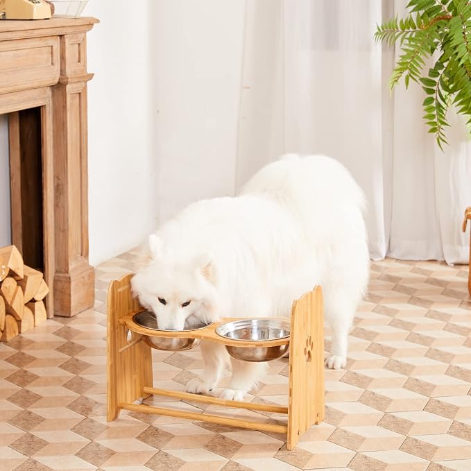 X-ZONE PET Elevated Dog Bowls for Cats and Dogs, Adjustable Bamboo Raised Dog Bowls for Large Dog, Food and Water Stand Feeder with 2 Stainless Steel Anti Slip Feet (Height 7.9" to 11.4" to 15")…