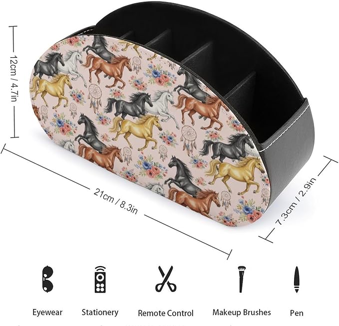 Remote Control Holder Horse Flower Pink Floral 5-Slot Storage Caddy Box | Makeup Brush Organizer, Pu Leather, Horse Flower Pink Floral Desktop Accessory for TV Remotes Media Player