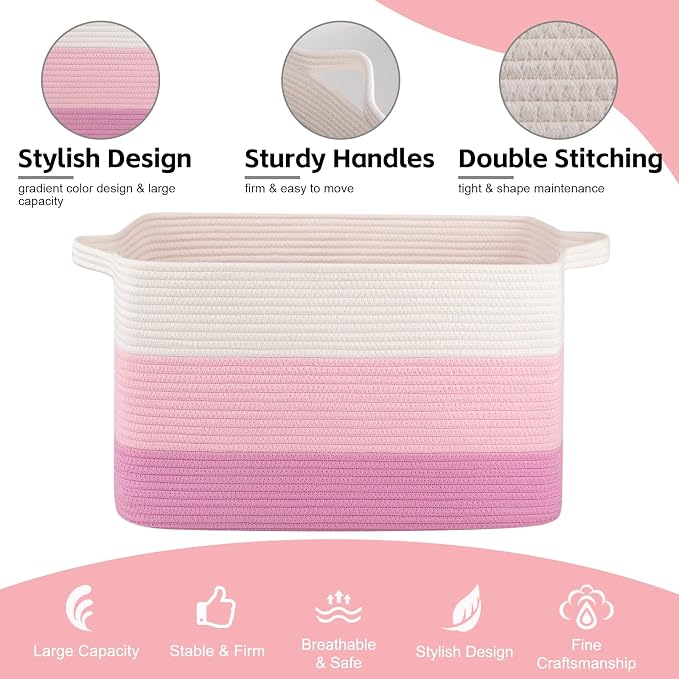 OIAHOMY Large Blanket Basket, 65L Cotton Rope Woven Laundry Basket, Toy Bin for Baby Room, Container for Blanket Storage in Living Room, 20''×16''×12'', Gradient Pink