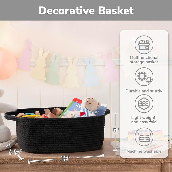 CHICVITA Small Woven Rope Gift Basket, Decorative Boo Basket, Black | 13" x 10" x 5" Storage Baskets for Toys, Towels & Books, Fits Bathroom & Nursery Organization, Built-In Handles, Rectangle