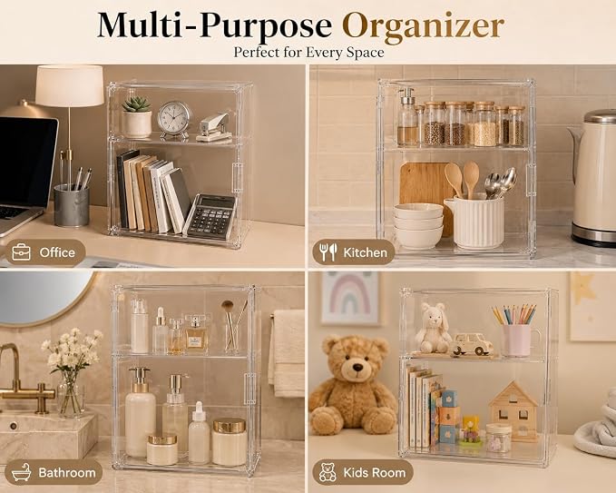 2-Tier Acrylic Display Case with Magnetic Door, Clear Makeup & Skincare Organizer for Bathroom Countertop, Dustproof Vanity Storage Cabinet for Cosmetics, Perfume & Beauty Products