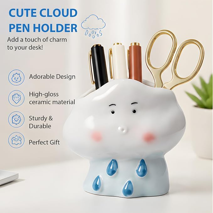 Ceramic Mushroom Shaped Pen Pencil Holder for Desk Decoration Accessories Mushroomb Decor Makeup Brush Pen Cups Office School Ideal Gifts for Women, Mom or Birthdays (white)