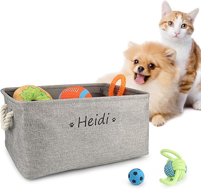 Dog Toy Storage Basket Bin with Personalized Pet's Name - Collapsible Rectangular Storage Box Chest Organizer for Dog Toys,Dog Coats,Dog Clothing,Dog Apparel & Accessories (Gray, L)