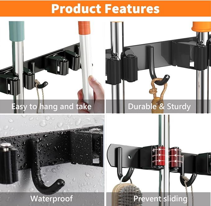 CUXIXA 2 Pack Mop and Broom Holder Wall Mount, Non-slip Broom Hanger Wall Mount, Heavy Duty Mop Broom Organizer for Kitchen Garden Garage Laundry Room Wall Decor Organization and Storage Black 3R4H
