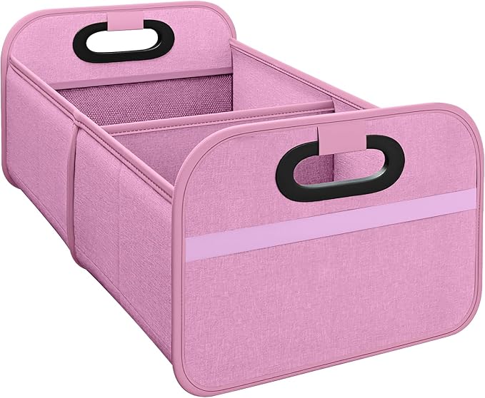 Car Trunk Organizer, Foldable Car Trunk Storage Box with 2 Compartments & Mesh Pocket, Large Capacity, Portable with Handle, Collapsible Backseat Storage Organizer for SUV Truck Sedan (Pink)