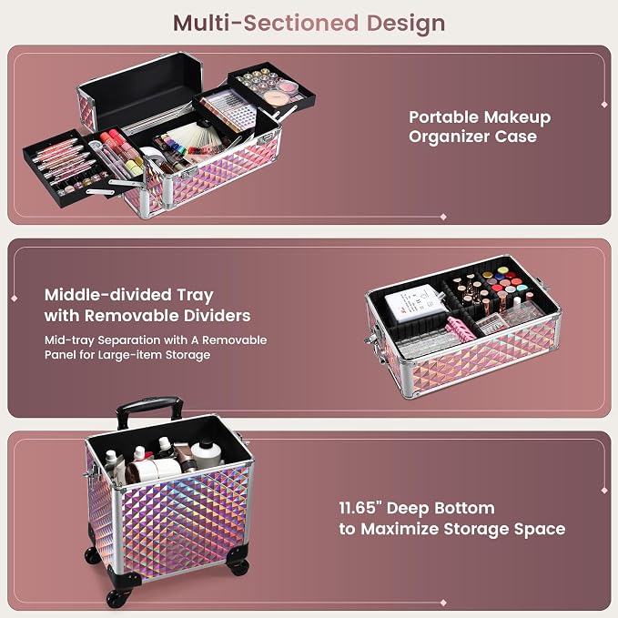 3 in 1 Rolling Makeup Train Case Cosmetology Case on Wheels Pink | Cosmetic Trolley Large Storage with Keys 360° Swivel Salon Barber Case Traveling Cart Trunk for Artist Hairstylists Nail Tech