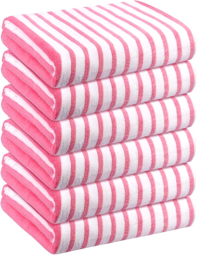JML Beach Towels, Microfiber Bath Towel (6 Pack, 30" x 60") Cabana Stripe Absorbent, Quick Dry Bath Towel Set for Adults, Travel, Summer Holiday, Sport, Swimming, Pool, Yoga, Camping, Stripe Pink