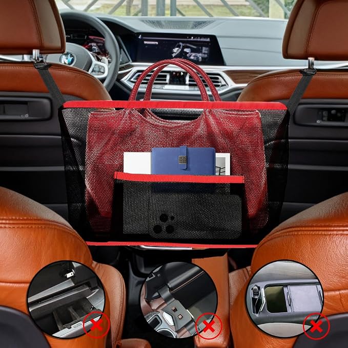 Car Net Pocket Handbag Holder, Organizer Storage Between Front Seats, Large Capacity Auto Seat Back Mesh Pocket Organizer, Car Handbag Holder Between Seats Universal for Most Vehicles (Red)