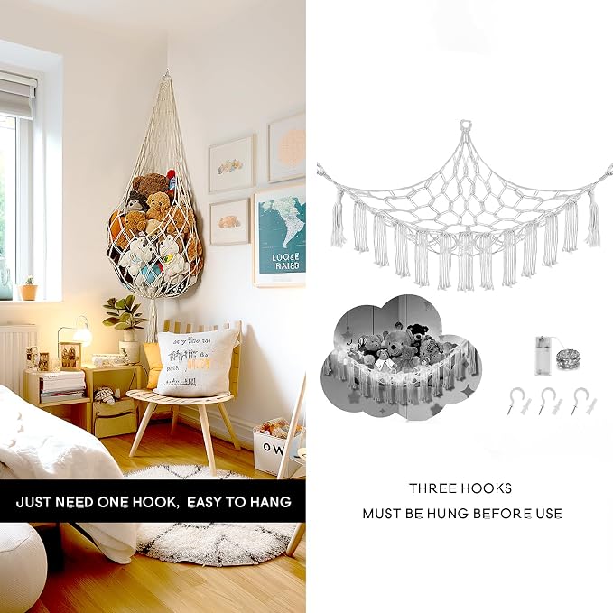 Amdermi Stuffed Animal Hammock Corner, Boho Macrame Plush Toy Storage Net for Wall, Hanging Stuffed Animal Holder for Nursery, Playroom, Kids Room, Cream (Pack of 2)