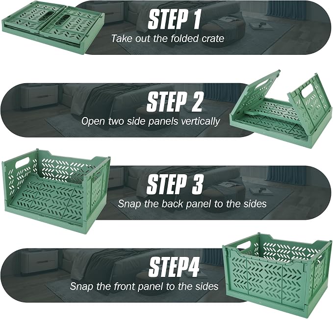 2 Pack Stackable Storage Crates, Plastic Foldable Baskets Tall Green | Easy-carry handles, suitable for toys books groceries office supplies and household storage for home office shopping
