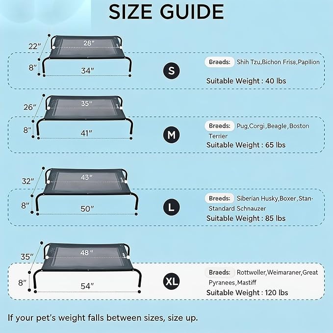 Cooling Elevated Dog Bed for Extra Large Dogs with Non-Slip Floor Protectors & Breathable Mesh, XL Raised Indoor & Outdoor Dog Cot Hammock, 54" L x 35" W x 8" Th, X-Large, Grey