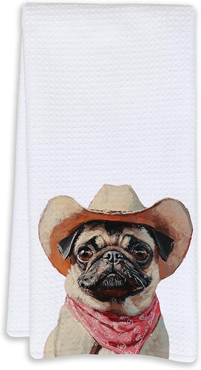 Cabana Bro Pug Kitchen Towels, Pug Gifts for Women Decorative Hand Towels for Bathroom, Funny Vintage Western Cowboy Dutch Dog Wrinkly Dog Dish Tea Towels for Kitchen, 16x24 Inch