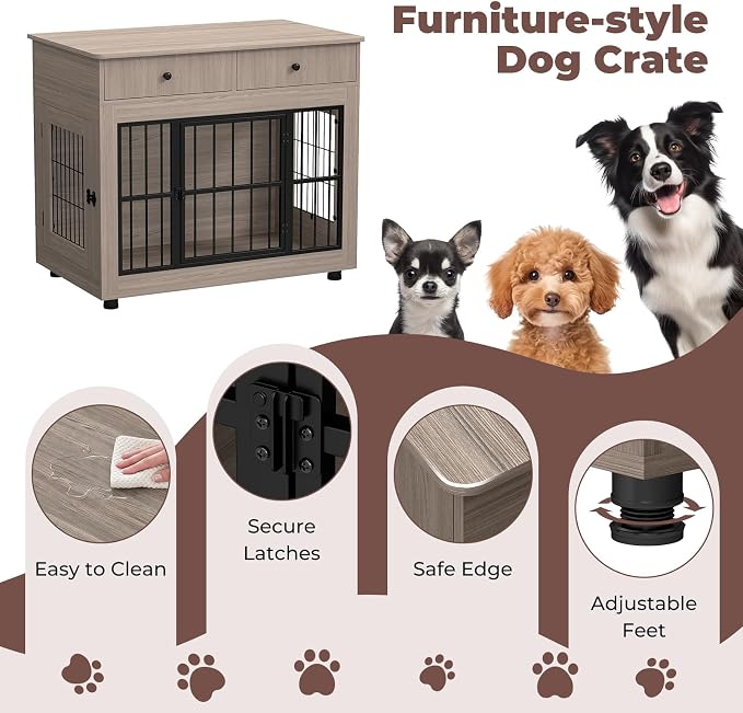 Dog Crate Furniture-Farmhouse Dog Kennel with Drawers, 40 Inch | Heavy Duty End Table, Wooden Decorative Pet Crate, Furniture Crate Dog iIndoor for Small Medium Large Dog, Oak Grey