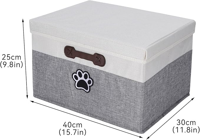 Dog Toy Basket with Lid, Fabric Dog Toy Box with Handle, Collapsible Dogs Cat Toys Storage Bins,Pet Storage and Orgnizer-White/Gray