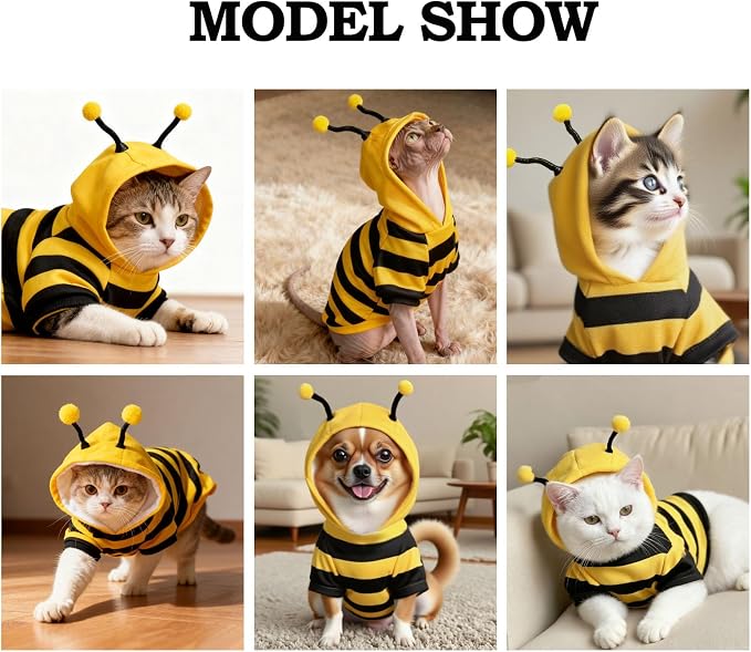 Bumblebee Cat Costume for Sphynx & Small Dogs, Fit Halloween, Yellow, S | Cute Bee Stripes Hoodie, Soft Warm Fleece, Holiday Cosplay Outfit, Daily Leisure Wear, Easy to Put, Safe for Leash Walking