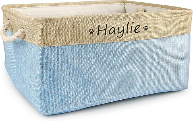 Personalized Dog Toy Basket with Name,Custom Dog Toy Basket,Paw Prints Pet Food Storage Container,Dog Toy Box for Small Dogs,New Puppy Supplies (Light Blue,M 36X27X17cm)