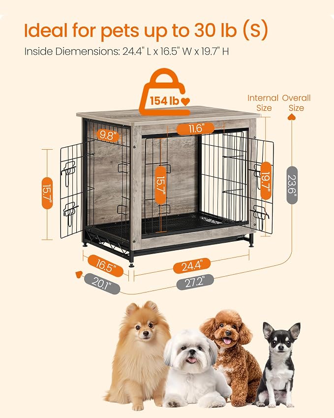 Feandrea 27.2" Dog Crate Furniture, Indoor Dog Cage Side End Table, M Pet Wood Kennel for Medium and Small Dogs up to 30 lb with Multi-Purpose Removable Tray, Double-Door Pet House, Greige