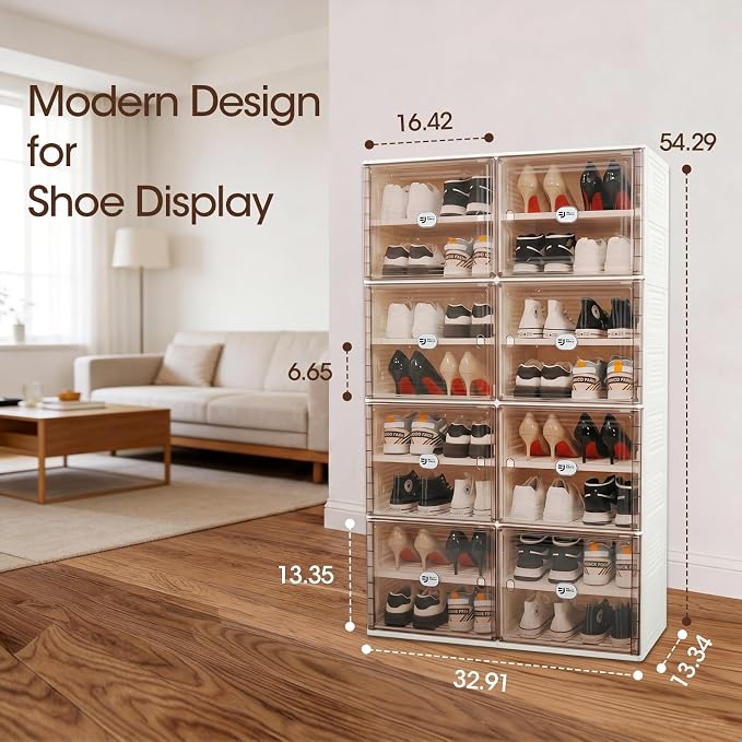 White Shoe Rack Organizer for 32 Pairs of Folding Design | Tool-free Assembly, Magnetic Clear Door, Anti-Tiping, Sneaker Storage, adjustable shelf, Folding Design, Garage, Entryway