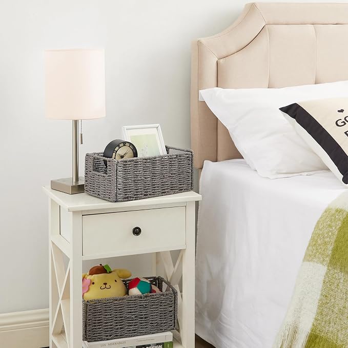 Vagusicc Wicker Storage Basket, Set of 2 Grey Baskets for Toilet Paper | Hand-Woven Wicker Baskets, Small Storage Baskets for Organizing with Handles Foldable Cube Storage Organizer Bins for Shelves